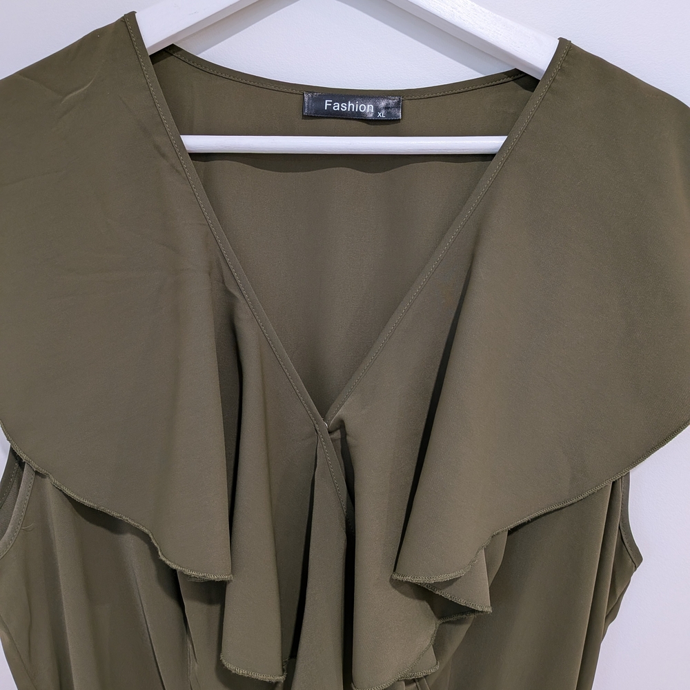 Olive Green- PRETTYGARDEN Midi Deep V Neck Ruffle Hem Dress. Size XL - Picture 3 of 8